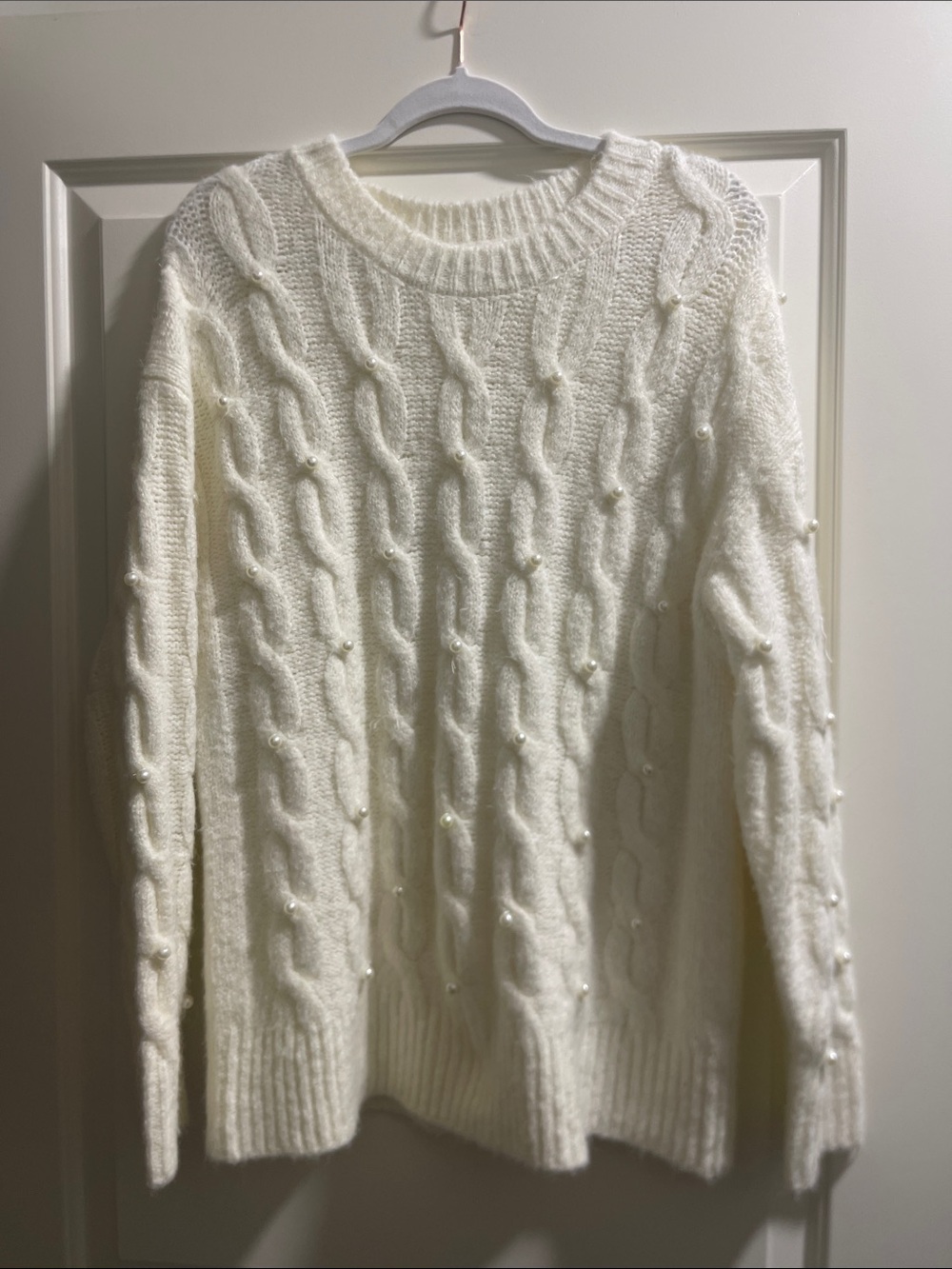 Skies Are Blue Cream Cable Knit Crewneck Sweater with Pearl Embellishments
